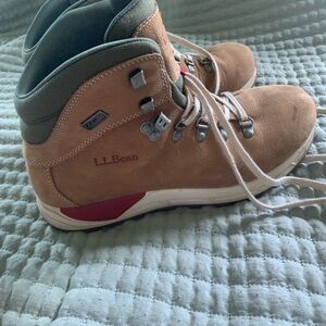 L.L. Bean Tan Suede Hiker Boots with Olive Collar and Red Accents